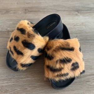 Celine PHOEBE PHILO Leopard print fur  slides.
